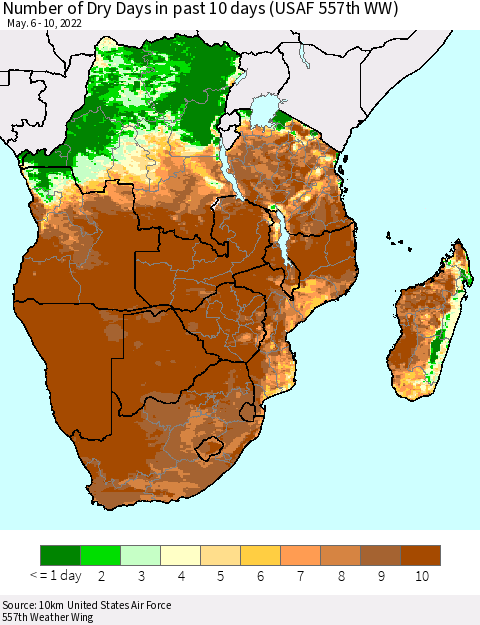Southern Africa Number of Dry Days in past 10 days (USAF 557th WW) Thematic Map For 5/6/2022 - 5/10/2022