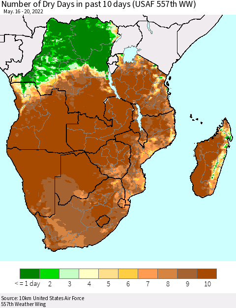 Southern Africa Number of Dry Days in past 10 days (USAF 557th WW) Thematic Map For 5/16/2022 - 5/20/2022