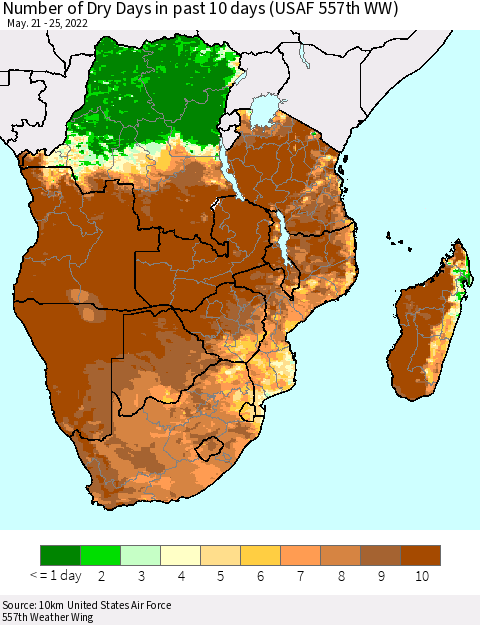 Southern Africa Number of Dry Days in past 10 days (USAF 557th WW) Thematic Map For 5/21/2022 - 5/25/2022