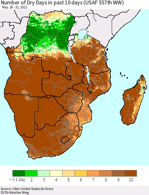 Southern Africa Number of Dry Days in past 10 days (USAF 557th WW) Thematic Map For 5/26/2022 - 5/31/2022