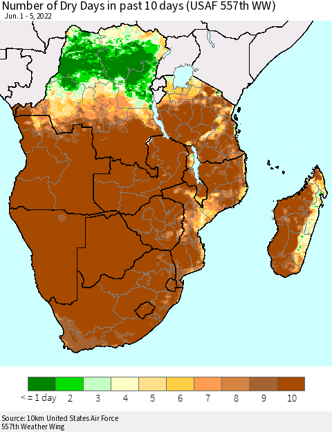 Southern Africa Number of Dry Days in past 10 days (USAF 557th WW) Thematic Map For 6/1/2022 - 6/5/2022