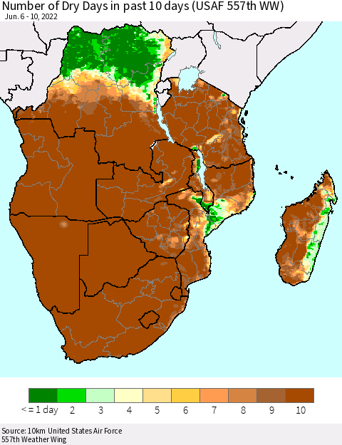 Southern Africa Number of Dry Days in past 10 days (USAF 557th WW) Thematic Map For 6/6/2022 - 6/10/2022