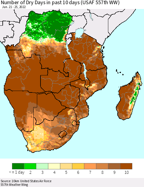 Southern Africa Number of Dry Days in past 10 days (USAF 557th WW) Thematic Map For 6/21/2022 - 6/25/2022
