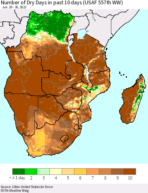 Southern Africa Number of Dry Days in past 10 days (USAF 557th WW) Thematic Map For 6/26/2022 - 6/30/2022