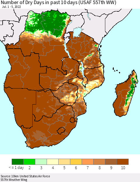 Southern Africa Number of Dry Days in past 10 days (USAF 557th WW) Thematic Map For 7/1/2022 - 7/5/2022