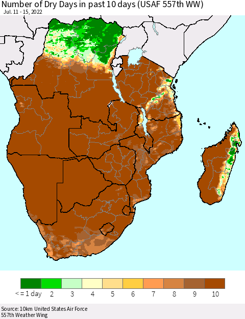 Southern Africa Number of Dry Days in past 10 days (USAF 557th WW) Thematic Map For 7/11/2022 - 7/15/2022
