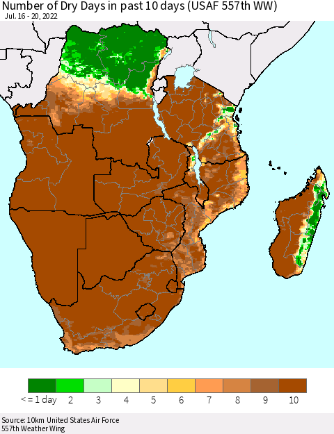 Southern Africa Number of Dry Days in past 10 days (USAF 557th WW) Thematic Map For 7/16/2022 - 7/20/2022