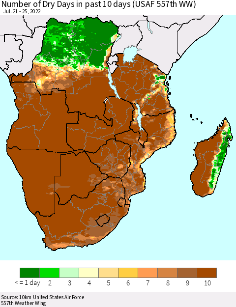 Southern Africa Number of Dry Days in past 10 days (USAF 557th WW) Thematic Map For 7/21/2022 - 7/25/2022