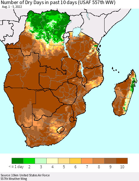 Southern Africa Number of Dry Days in past 10 days (USAF 557th WW) Thematic Map For 8/1/2022 - 8/5/2022