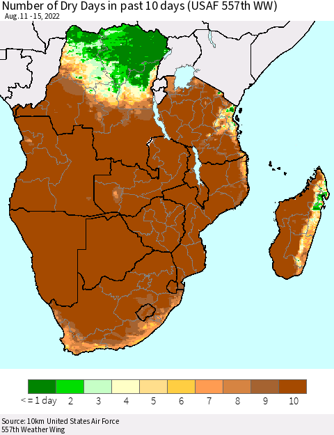 Southern Africa Number of Dry Days in past 10 days (USAF 557th WW) Thematic Map For 8/11/2022 - 8/15/2022