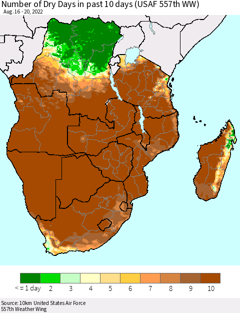 Southern Africa Number of Dry Days in past 10 days (USAF 557th WW) Thematic Map For 8/16/2022 - 8/20/2022