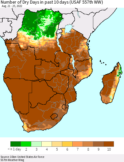 Southern Africa Number of Dry Days in past 10 days (USAF 557th WW) Thematic Map For 8/21/2022 - 8/25/2022