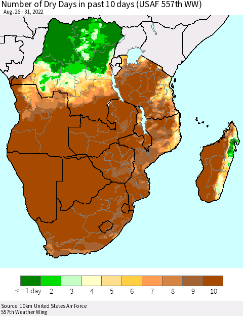 Southern Africa Number of Dry Days in past 10 days (USAF 557th WW) Thematic Map For 8/26/2022 - 8/31/2022