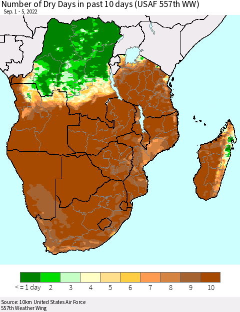 Southern Africa Number of Dry Days in past 10 days (USAF 557th WW) Thematic Map For 9/1/2022 - 9/5/2022