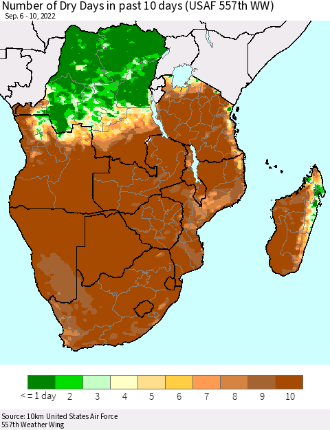 Southern Africa Number of Dry Days in past 10 days (USAF 557th WW) Thematic Map For 9/6/2022 - 9/10/2022