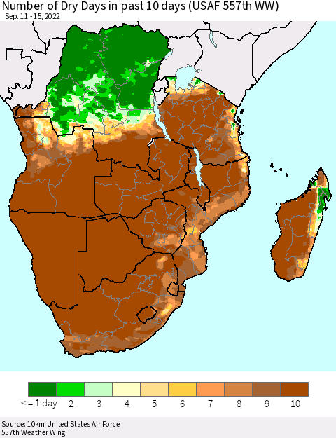 Southern Africa Number of Dry Days in past 10 days (USAF 557th WW) Thematic Map For 9/11/2022 - 9/15/2022