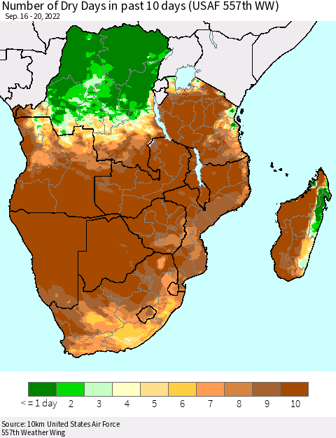Southern Africa Number of Dry Days in past 10 days (USAF 557th WW) Thematic Map For 9/16/2022 - 9/20/2022