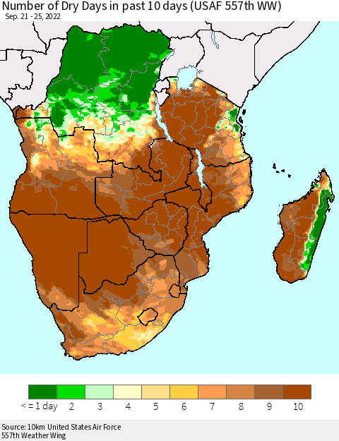 Southern Africa Number of Dry Days in past 10 days (USAF 557th WW) Thematic Map For 9/21/2022 - 9/25/2022
