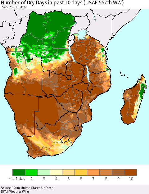 Southern Africa Number of Dry Days in past 10 days (USAF 557th WW) Thematic Map For 9/26/2022 - 9/30/2022