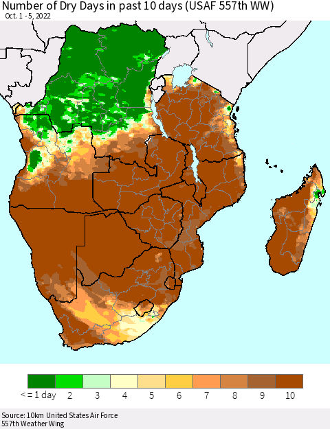 Southern Africa Number of Dry Days in past 10 days (USAF 557th WW) Thematic Map For 10/1/2022 - 10/5/2022