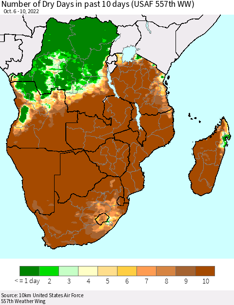 Southern Africa Number of Dry Days in past 10 days (USAF 557th WW) Thematic Map For 10/6/2022 - 10/10/2022