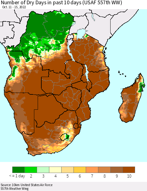 Southern Africa Number of Dry Days in past 10 days (USAF 557th WW) Thematic Map For 10/11/2022 - 10/15/2022