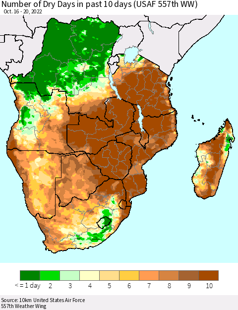 Southern Africa Number of Dry Days in past 10 days (USAF 557th WW) Thematic Map For 10/16/2022 - 10/20/2022