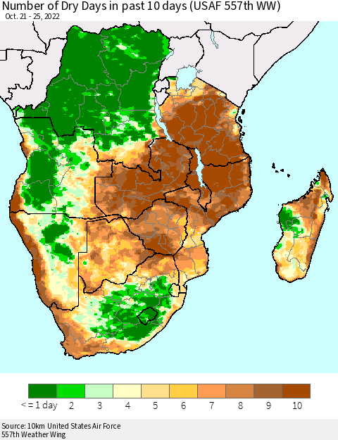 Southern Africa Number of Dry Days in past 10 days (USAF 557th WW) Thematic Map For 10/21/2022 - 10/25/2022