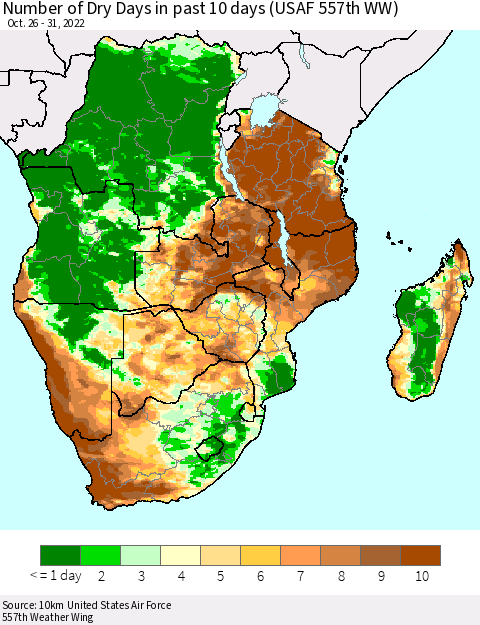 Southern Africa Number of Dry Days in past 10 days (USAF 557th WW) Thematic Map For 10/26/2022 - 10/31/2022