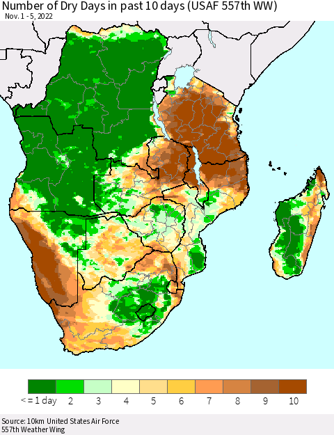 Southern Africa Number of Dry Days in past 10 days (USAF 557th WW) Thematic Map For 11/1/2022 - 11/5/2022