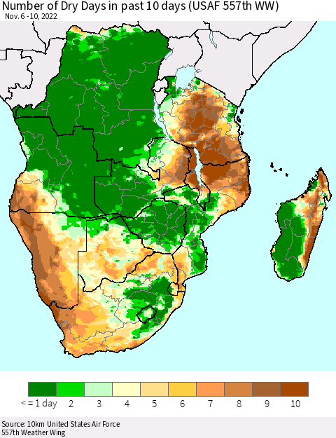 Southern Africa Number of Dry Days in past 10 days (USAF 557th WW) Thematic Map For 11/6/2022 - 11/10/2022
