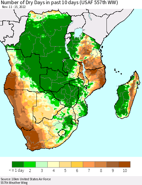 Southern Africa Number of Dry Days in past 10 days (USAF 557th WW) Thematic Map For 11/11/2022 - 11/15/2022