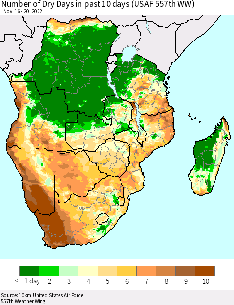 Southern Africa Number of Dry Days in past 10 days (USAF 557th WW) Thematic Map For 11/16/2022 - 11/20/2022