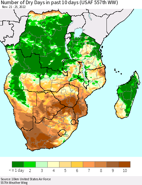 Southern Africa Number of Dry Days in past 10 days (USAF 557th WW) Thematic Map For 11/21/2022 - 11/25/2022