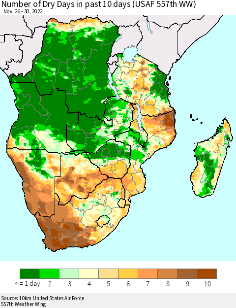 Southern Africa Number of Dry Days in past 10 days (USAF 557th WW) Thematic Map For 11/26/2022 - 11/30/2022