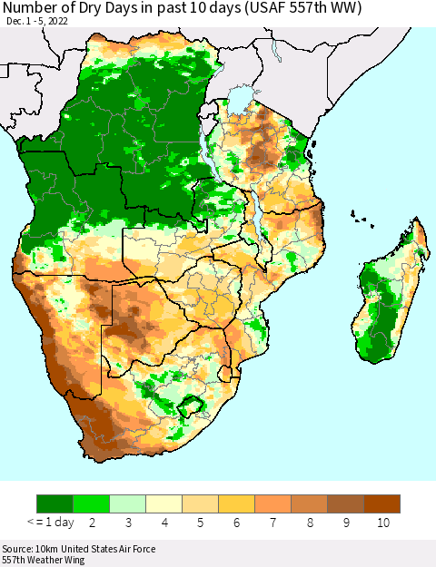Southern Africa Number of Dry Days in past 10 days (USAF 557th WW) Thematic Map For 12/1/2022 - 12/5/2022