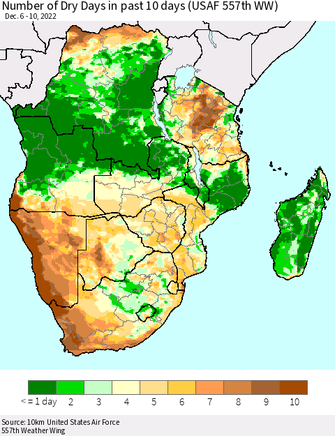 Southern Africa Number of Dry Days in past 10 days (USAF 557th WW) Thematic Map For 12/6/2022 - 12/10/2022