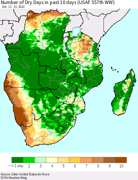 Southern Africa Number of Dry Days in past 10 days (USAF 557th WW) Thematic Map For 12/11/2022 - 12/15/2022