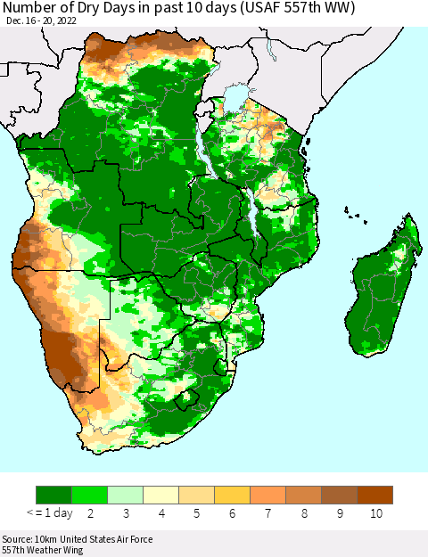 Southern Africa Number of Dry Days in past 10 days (USAF 557th WW) Thematic Map For 12/16/2022 - 12/20/2022