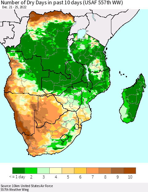 Southern Africa Number of Dry Days in past 10 days (USAF 557th WW) Thematic Map For 12/21/2022 - 12/25/2022