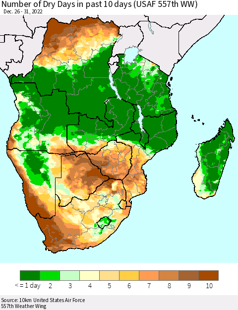 Southern Africa Number of Dry Days in past 10 days (USAF 557th WW) Thematic Map For 12/26/2022 - 12/31/2022