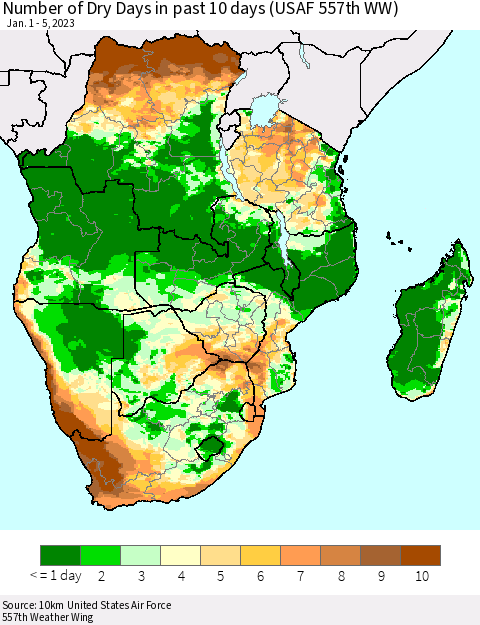 Southern Africa Number of Dry Days in past 10 days (USAF 557th WW) Thematic Map For 1/1/2023 - 1/5/2023
