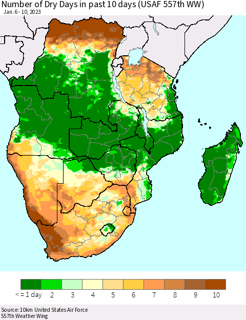 Southern Africa Number of Dry Days in past 10 days (USAF 557th WW) Thematic Map For 1/6/2023 - 1/10/2023