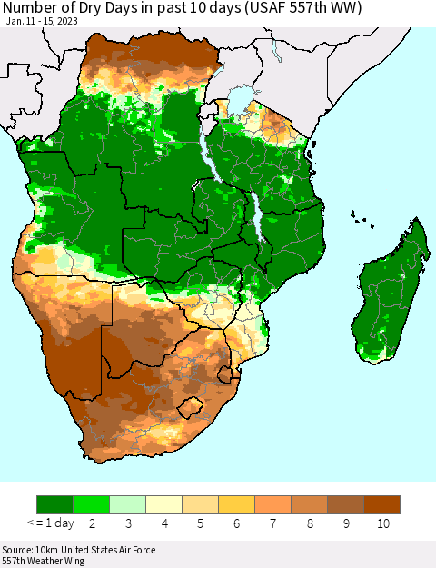 Southern Africa Number of Dry Days in past 10 days (USAF 557th WW) Thematic Map For 1/11/2023 - 1/15/2023