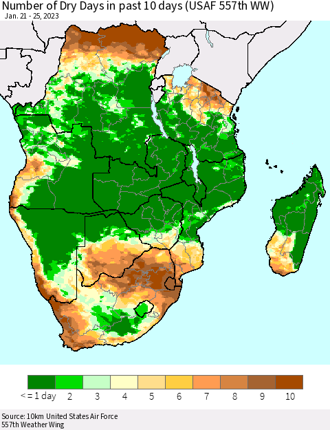 Southern Africa Number of Dry Days in past 10 days (USAF 557th WW) Thematic Map For 1/21/2023 - 1/25/2023