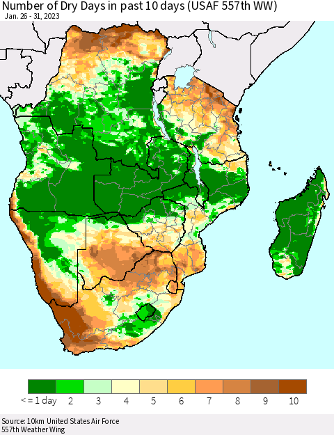 Southern Africa Number of Dry Days in past 10 days (USAF 557th WW) Thematic Map For 1/26/2023 - 1/31/2023
