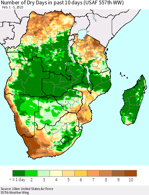 Southern Africa Number of Dry Days in past 10 days (USAF 557th WW) Thematic Map For 2/1/2023 - 2/5/2023