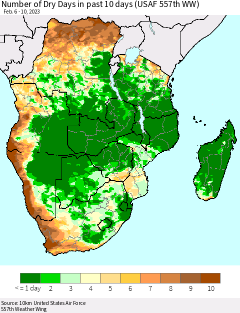 Southern Africa Number of Dry Days in past 10 days (USAF 557th WW) Thematic Map For 2/6/2023 - 2/10/2023