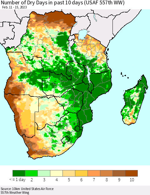 Southern Africa Number of Dry Days in past 10 days (USAF 557th WW) Thematic Map For 2/11/2023 - 2/15/2023