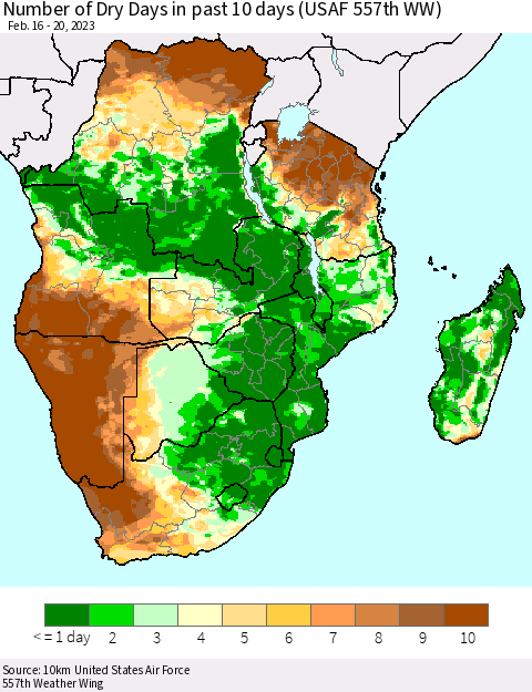 Southern Africa Number of Dry Days in past 10 days (USAF 557th WW) Thematic Map For 2/16/2023 - 2/20/2023